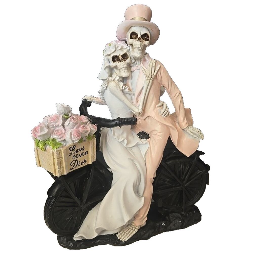 Bride & Groom Skeletons on Bike "Love Never Dies" 12" Tall